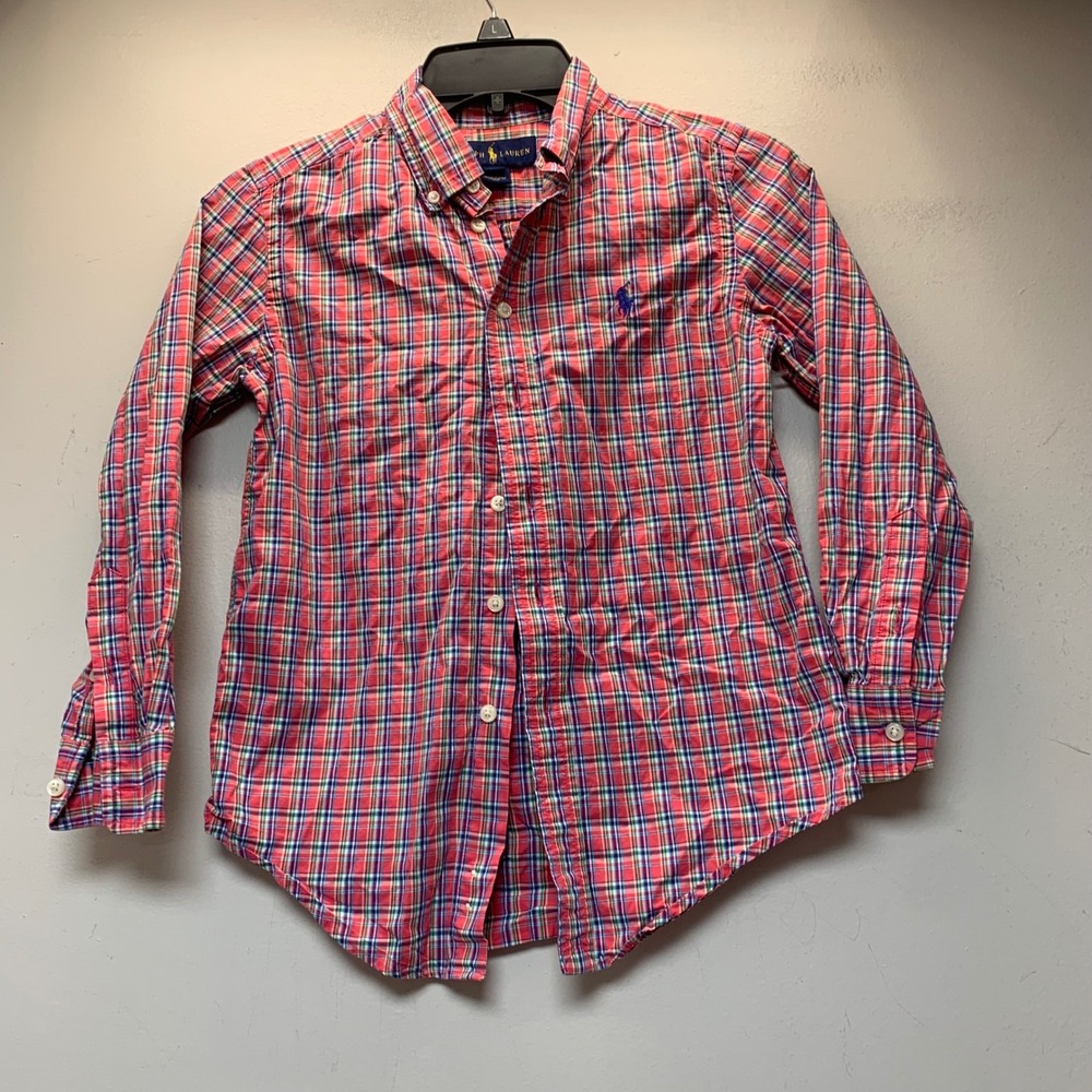 Ralph Lauren Button Down Shirt Boys S 8 Multi Color Red Plaid Excellent Pony
